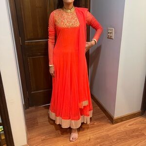 Women’s orange with gold detail salwar kameez suit Anarkali style size medium
